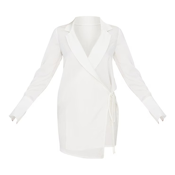 Pretty Little Thing White Satin Tie Detail Shift Blazer Dress - Picture 1 of 5